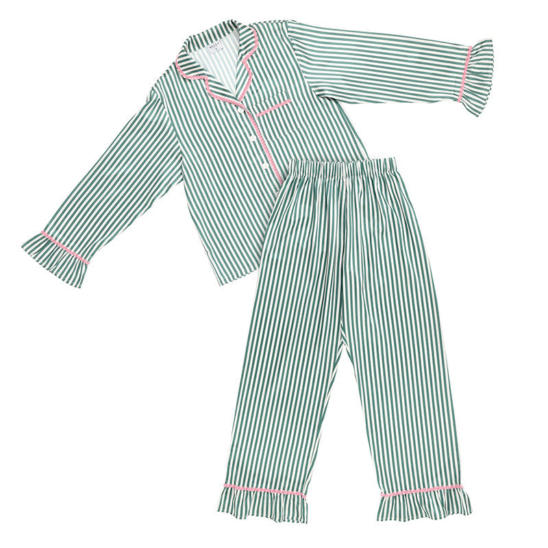 Full-Length Ruffled PJ Set - Ivory + Green Stripes with Pink Rick Rack Trim