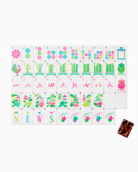 Set of colorful Mahjong tiles with various designs and text on a white background