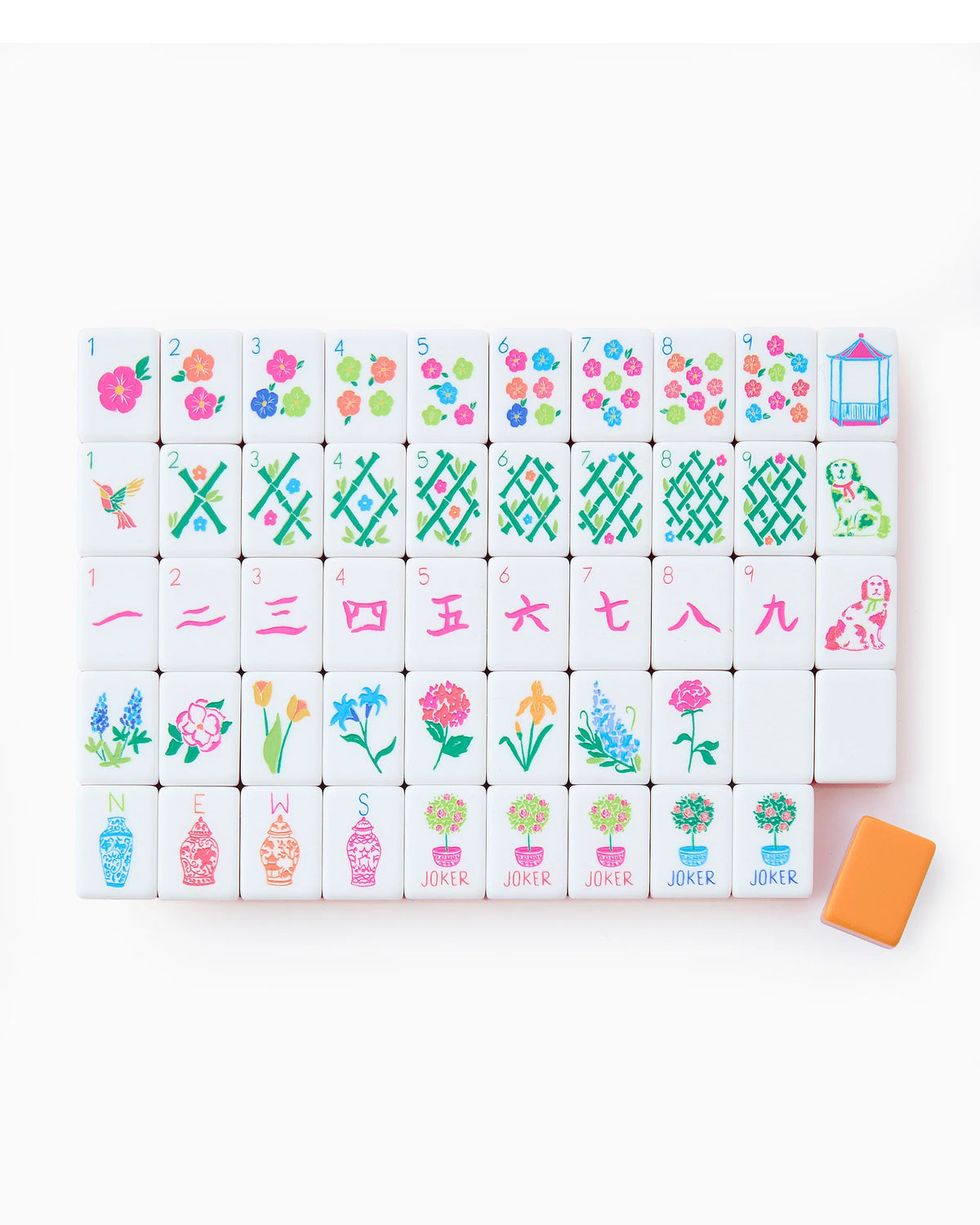 Set of colorful tiles with floral and geometric designs on a white background
