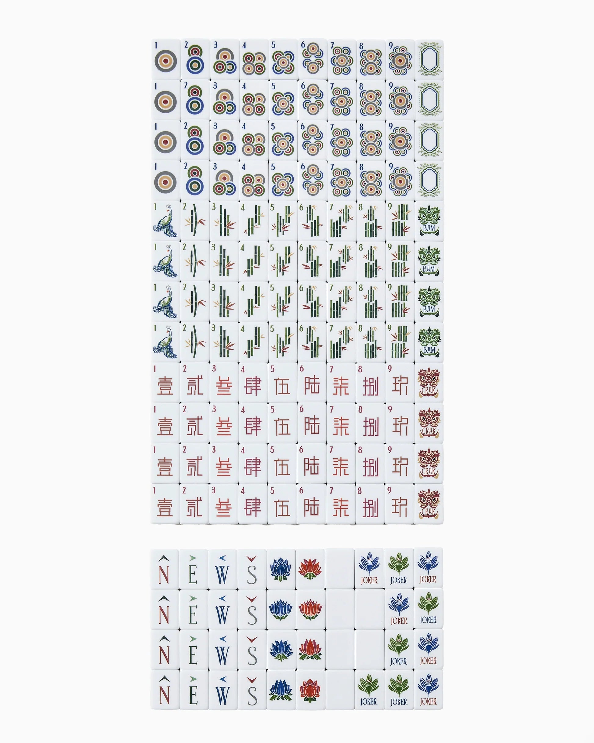 Collection of Mahjong Tiles with different designs on a white background