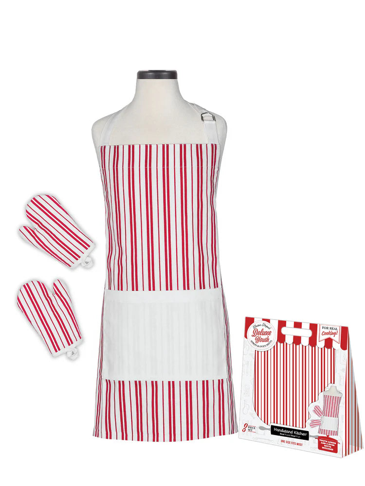 Classic Striped Deluxe Youth Apron and Oven Mitt Set