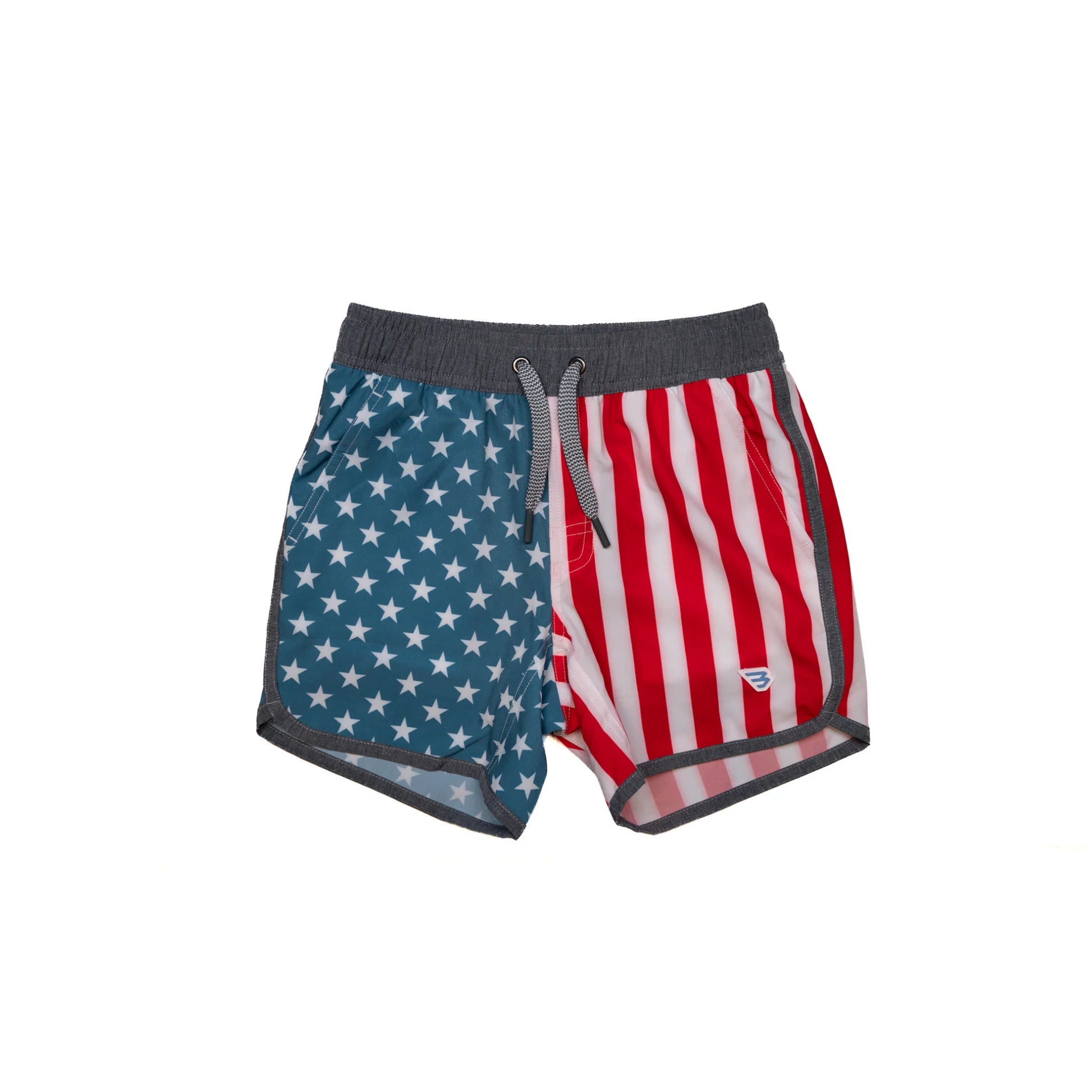 American flag patterned shorts on a white background