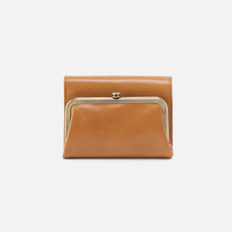 Brown leather clutch with a gold clasp on a white background