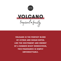 Advertisement for a fragrance named 'Volcano' with tropical and fruity description on a white and red background.