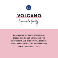 Product packaging for 'Volcano' fragrance with brand logo and description on a pink background.