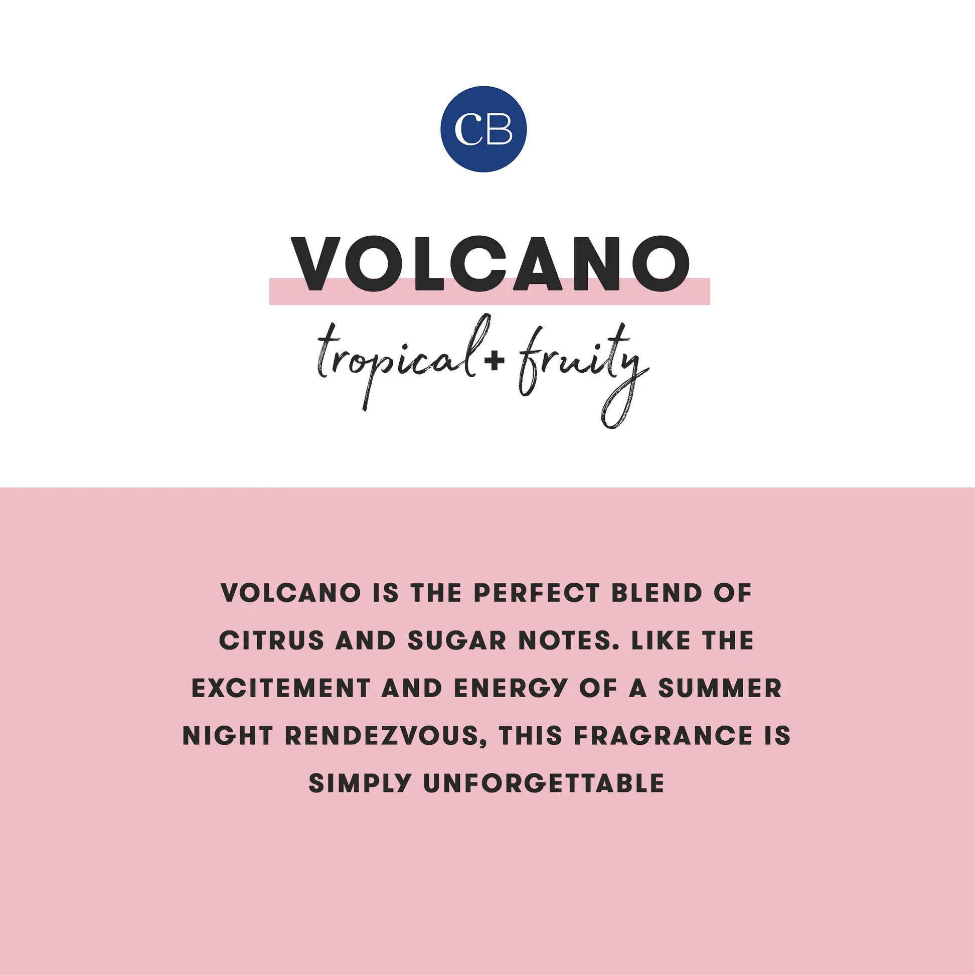 Product packaging for 'Volcano' fragrance with brand logo and description on a pink background.