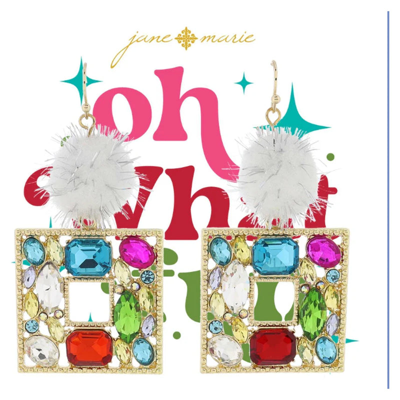 White with Silver Tinsel Accents & Multi Crystal Embellished Square Earrings