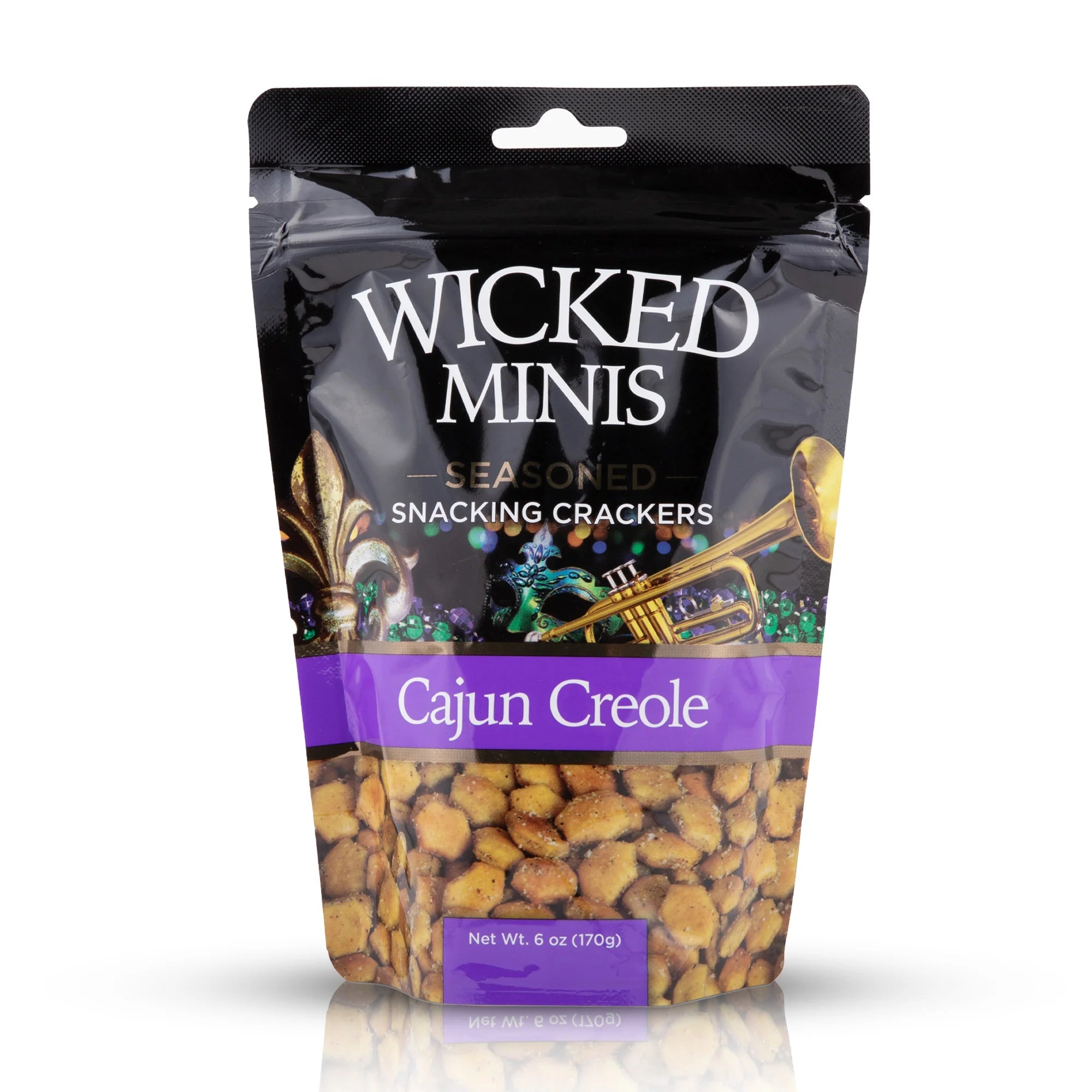 Packaging of Wicked Minis Cajun Creole seasoned snacking crackers on a white background