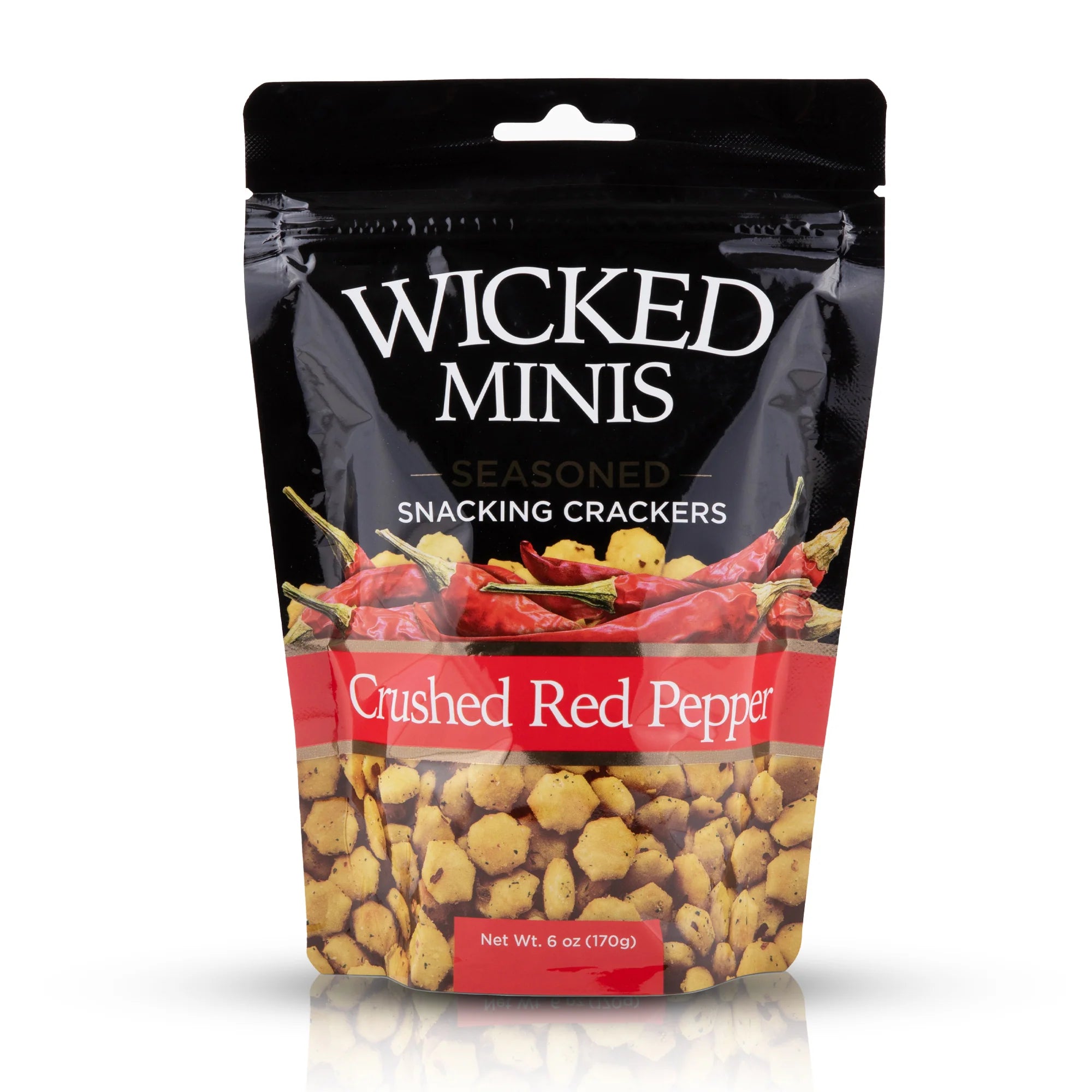 Packaging of Wicked Minis Crushed Red Pepper seasoned snacking crackers on a white background