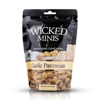 Packaging of Wicked Minis Garlic Parmesan seasoned snacking crackers on a white background