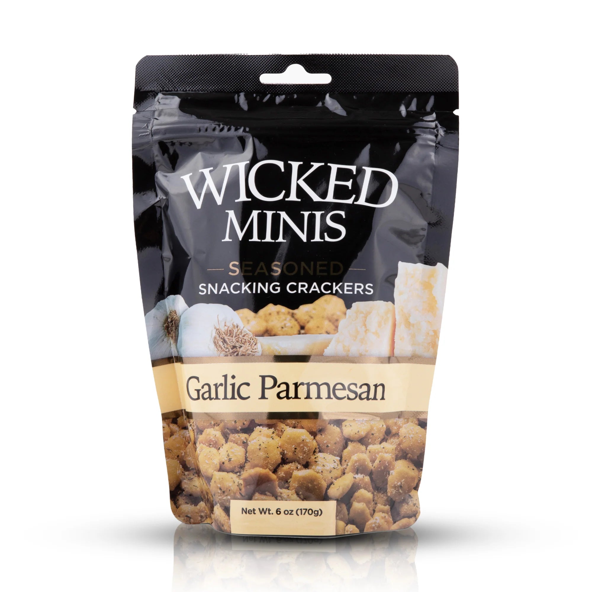 Packaging of Wicked Minis Garlic Parmesan seasoned snacking crackers on a white background