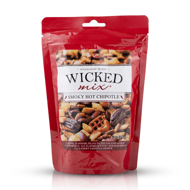 Red package of Wicked Mix Smoky Hot Chipotle snack mix on a white background