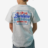 Gray t-shirt with 'Burlebo Outdoor Apparel Co.' logo on the back, worn by a person.