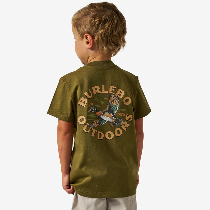 A child wearing a green short-sleeve t-shirt with a large back graphic that reads 'BURLEBOO OUTDOORS' around a duck, photographed against a light gray background.