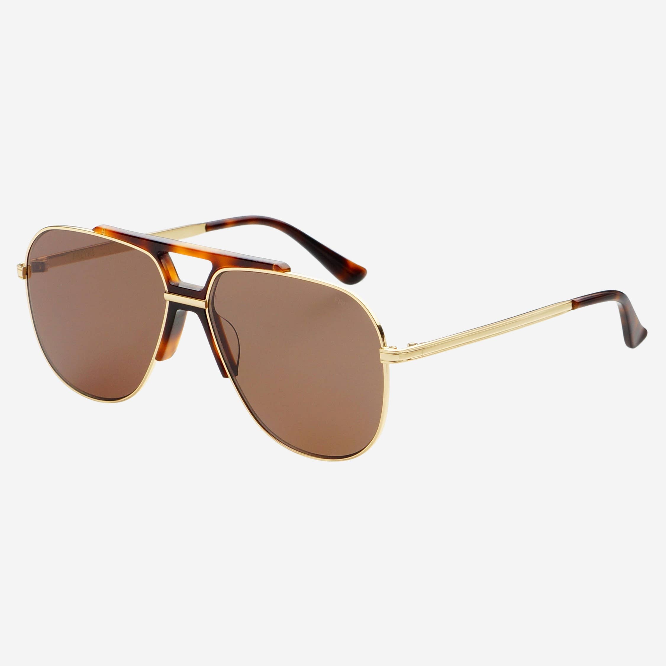 Gold-framed sunglasses with brown lenses on a white background