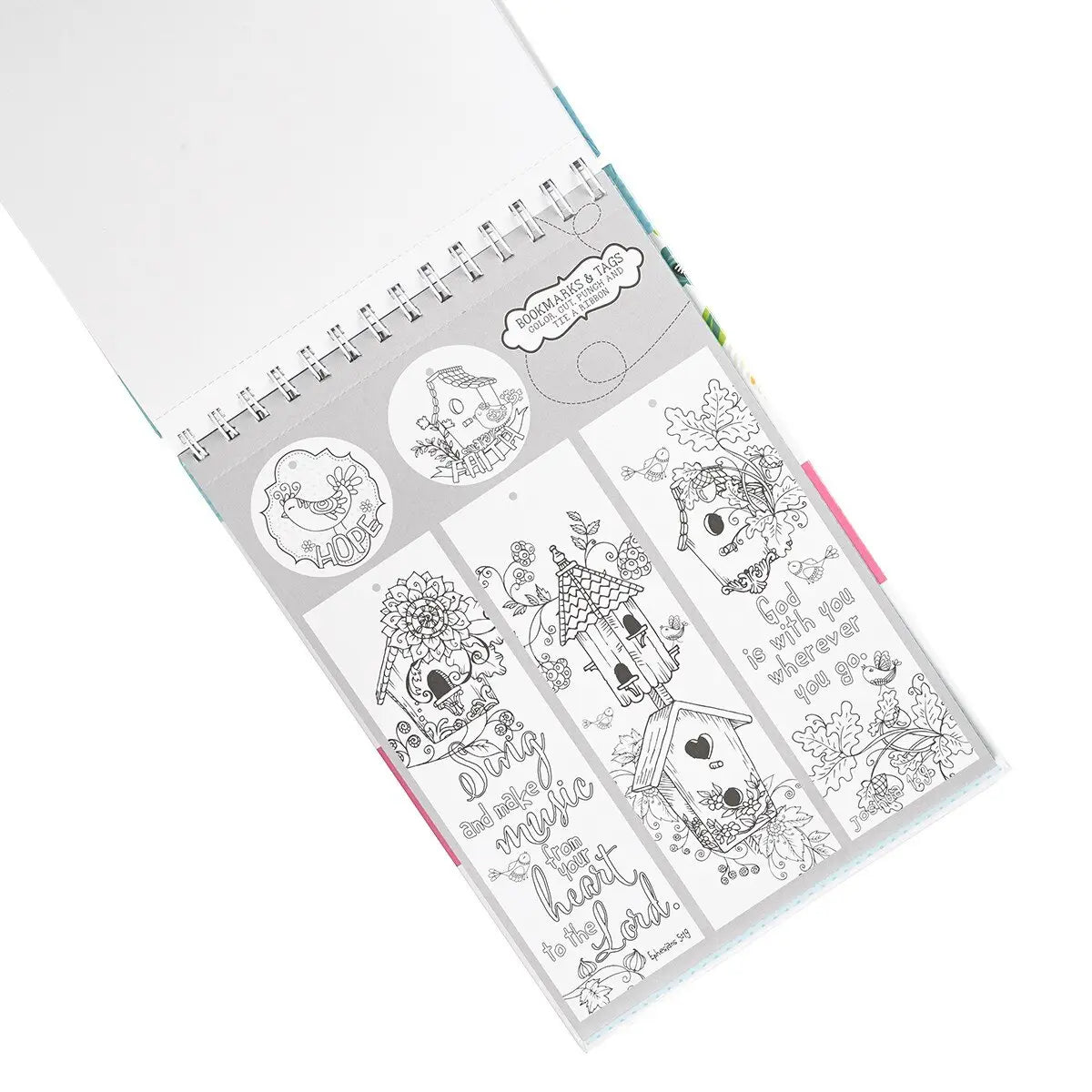 Sheet of black and white illustrations with text on a spiral-bound notebook