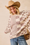 Checker Print Washed Cut Edge Detail Oversized Waffle Thermal Sweatshirt
