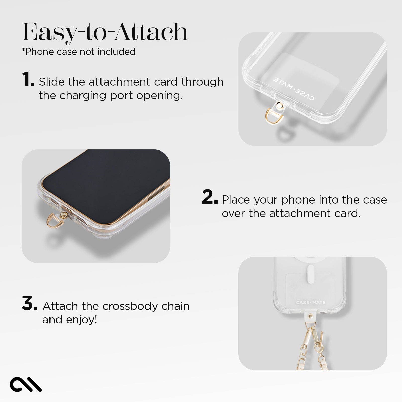Instructions for attaching a phone case with an attachment card and crossbody chain.