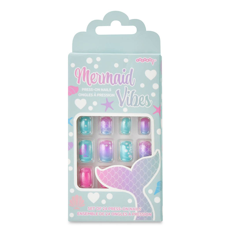 Press on nails in a mermaid theme in a gray box