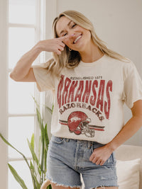 Razorbacks Established Date Helmet Off White Thrifted Tee