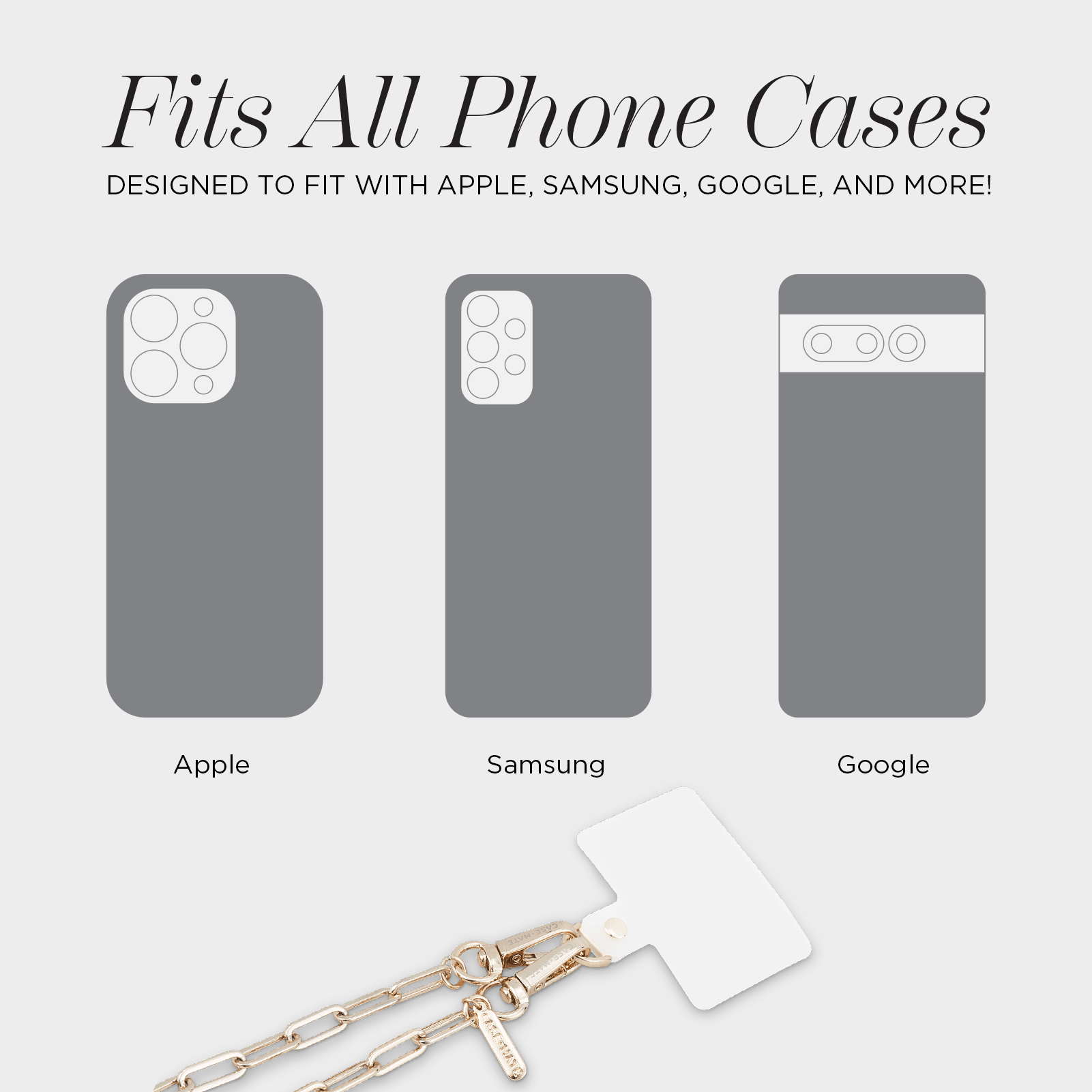 Gray phone case compatible with Apple, Samsung, and Google devices on a white background.