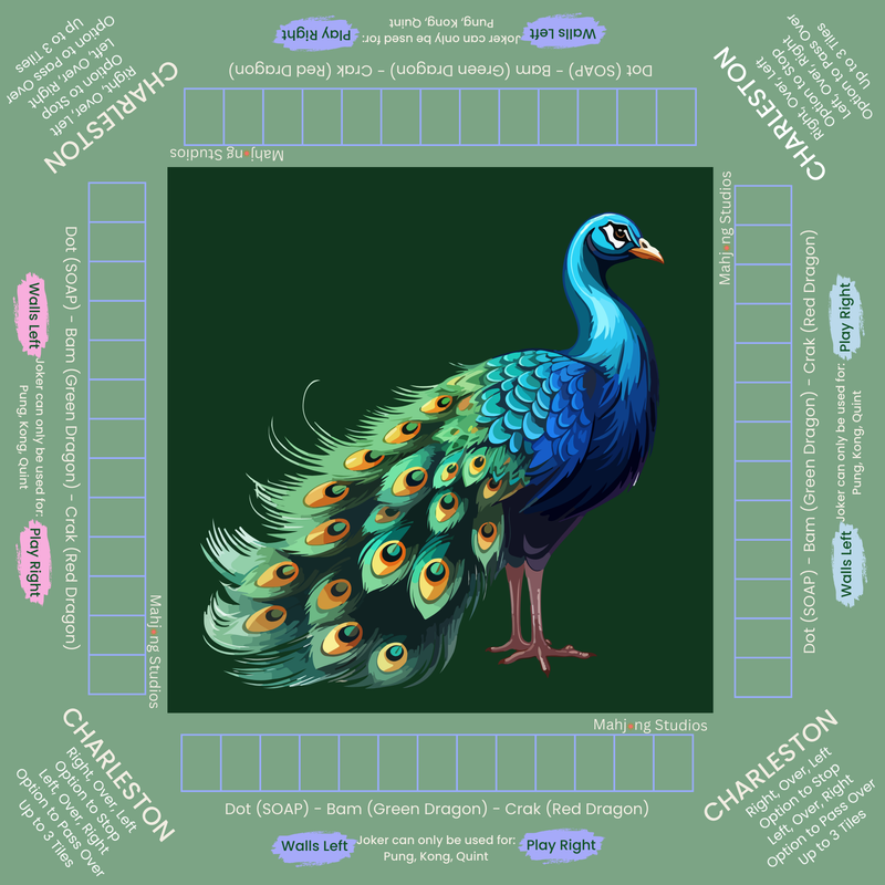 Peacock illustration on a green background with game board elements