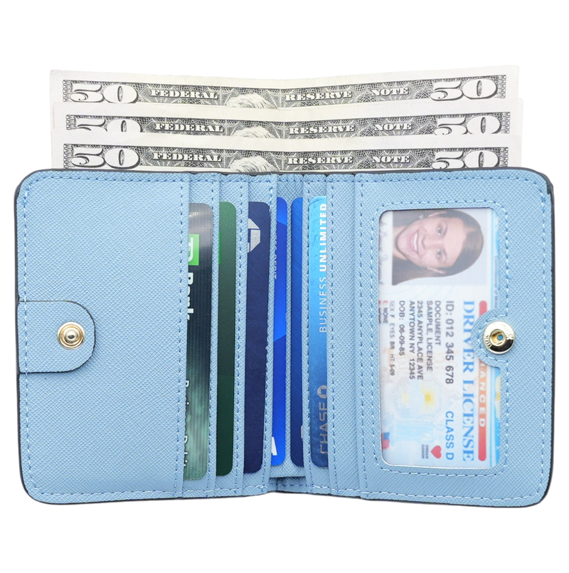 Women's Small Compact Bifold Luxury Wallet With Window ID: Blue