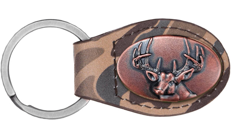 Camouflage keychain with deer head emblem on a white background