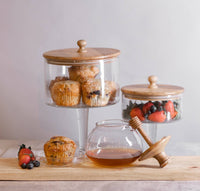 Med. Pedestal Glass Jar with Wood Top: Glass / Mango Wood