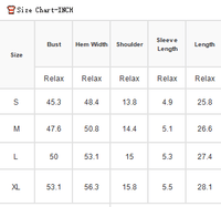 Size chart for clothing measurements in inches with columns for bust, hem width, shoulder, sleeve length, and length.