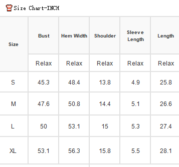 Size chart for clothing measurements in inches with columns for bust, hem width, shoulder, sleeve length, and length.