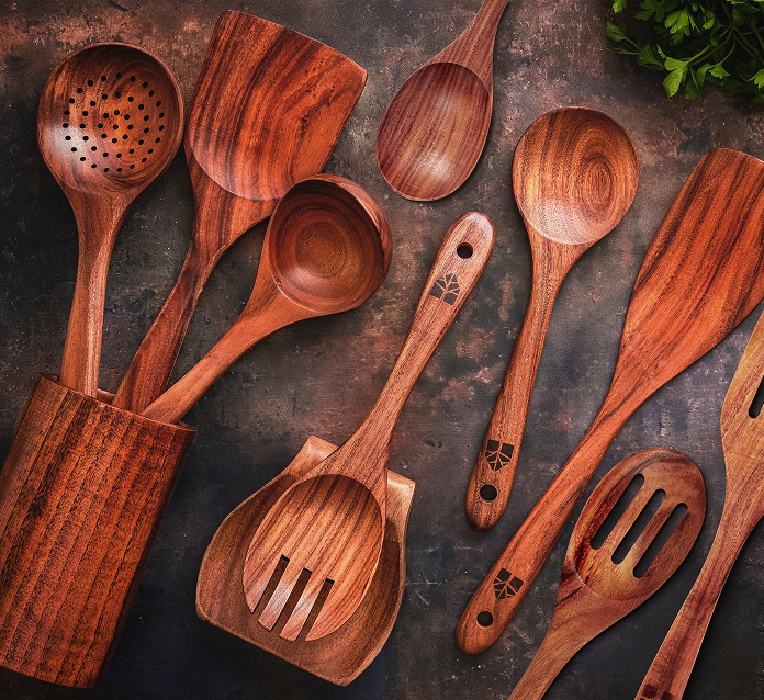 12 pcs Wooden Utensils Set with Holder, Spoon Rest & Hooks