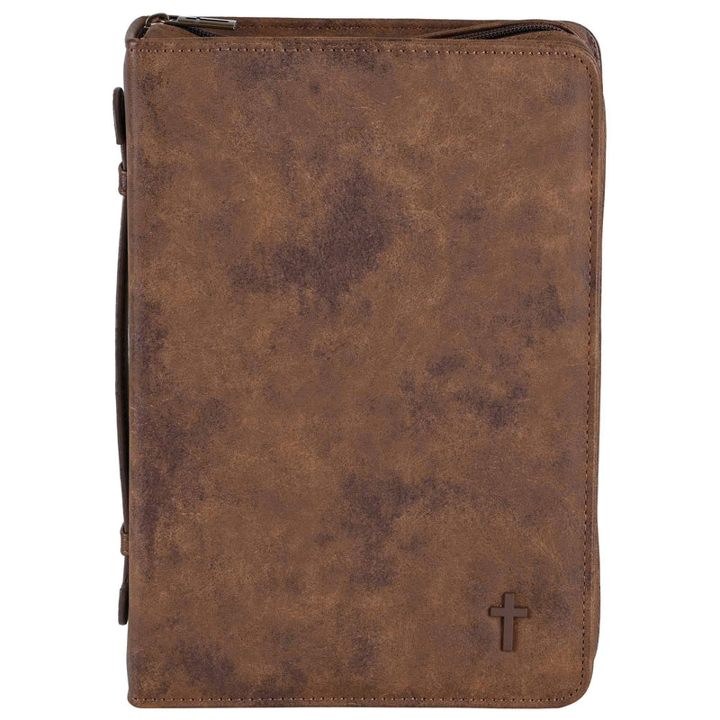 Brown leather Bible cover with a cross on a white background