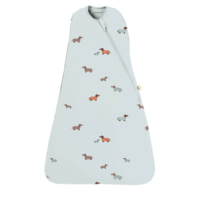 Light blue baby wrap with dog pattern on a white background
