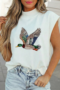 White sleeveless shirt with a colorful duck design worn by a person.