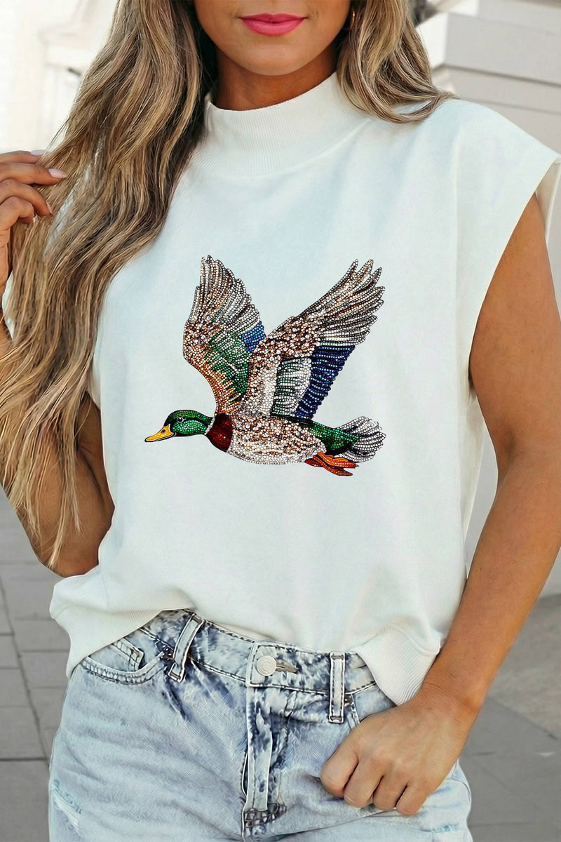 White sleeveless shirt with a colorful duck design worn by a person.