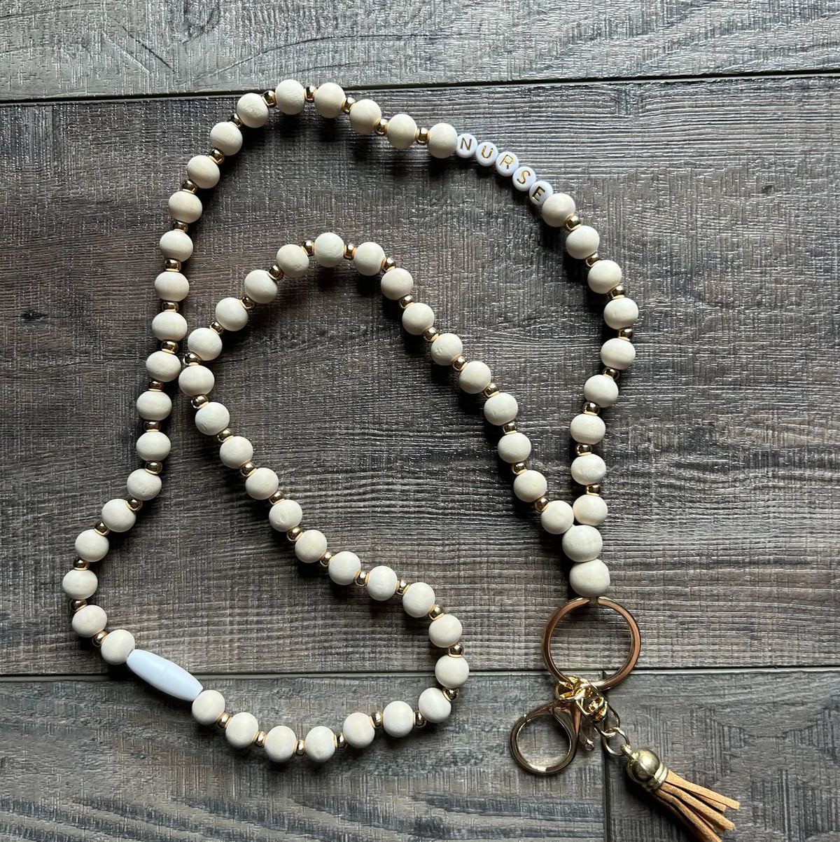 Nurse Gold and Wood Beaded Lanyard With Breakaway Clasp