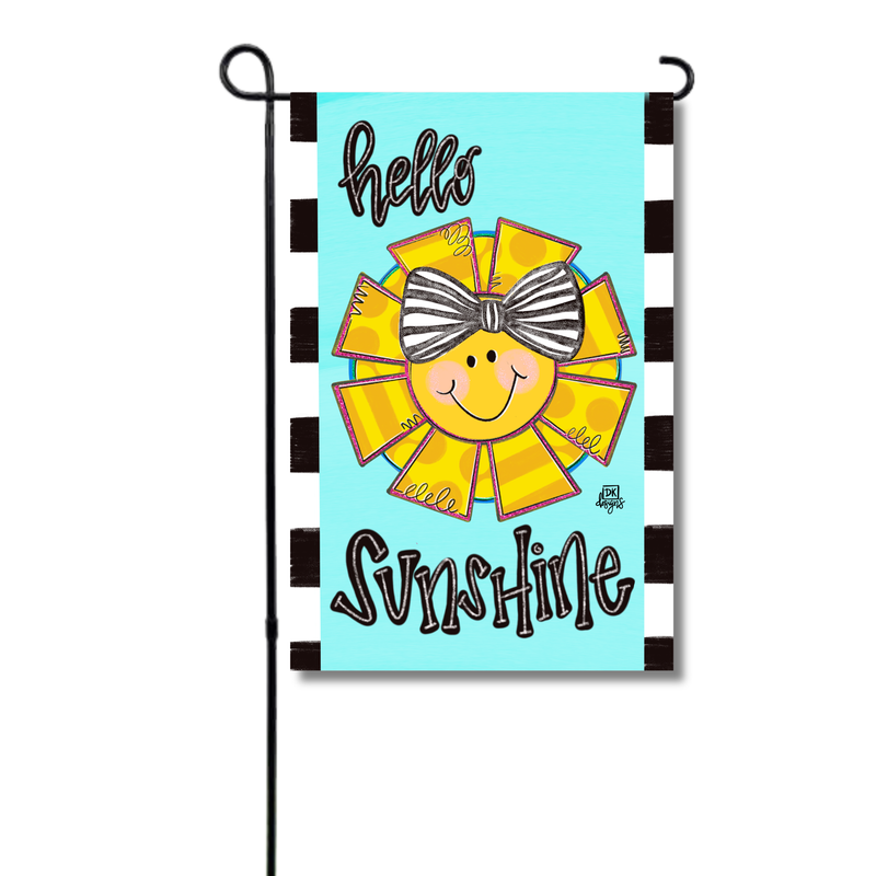 Decorative garden flag with a sun design and text on a blue background