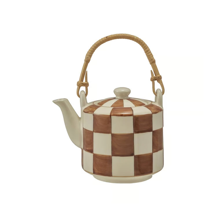 7"L x5-1/2"H Stoneware Teapot With Checkered Pattern & Bamboo Handle