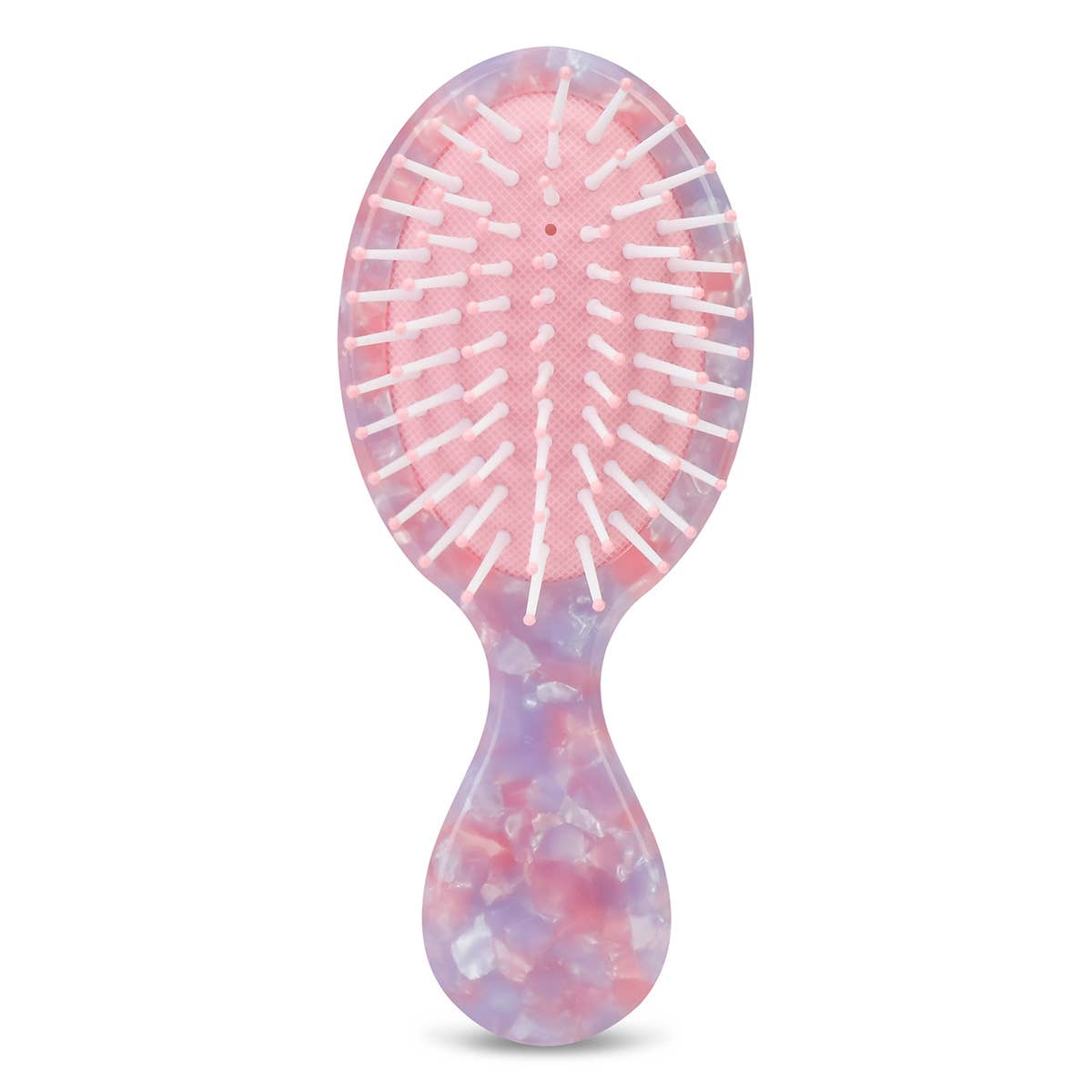 Front of kids hairbrush in pink, purple, and white mosaic