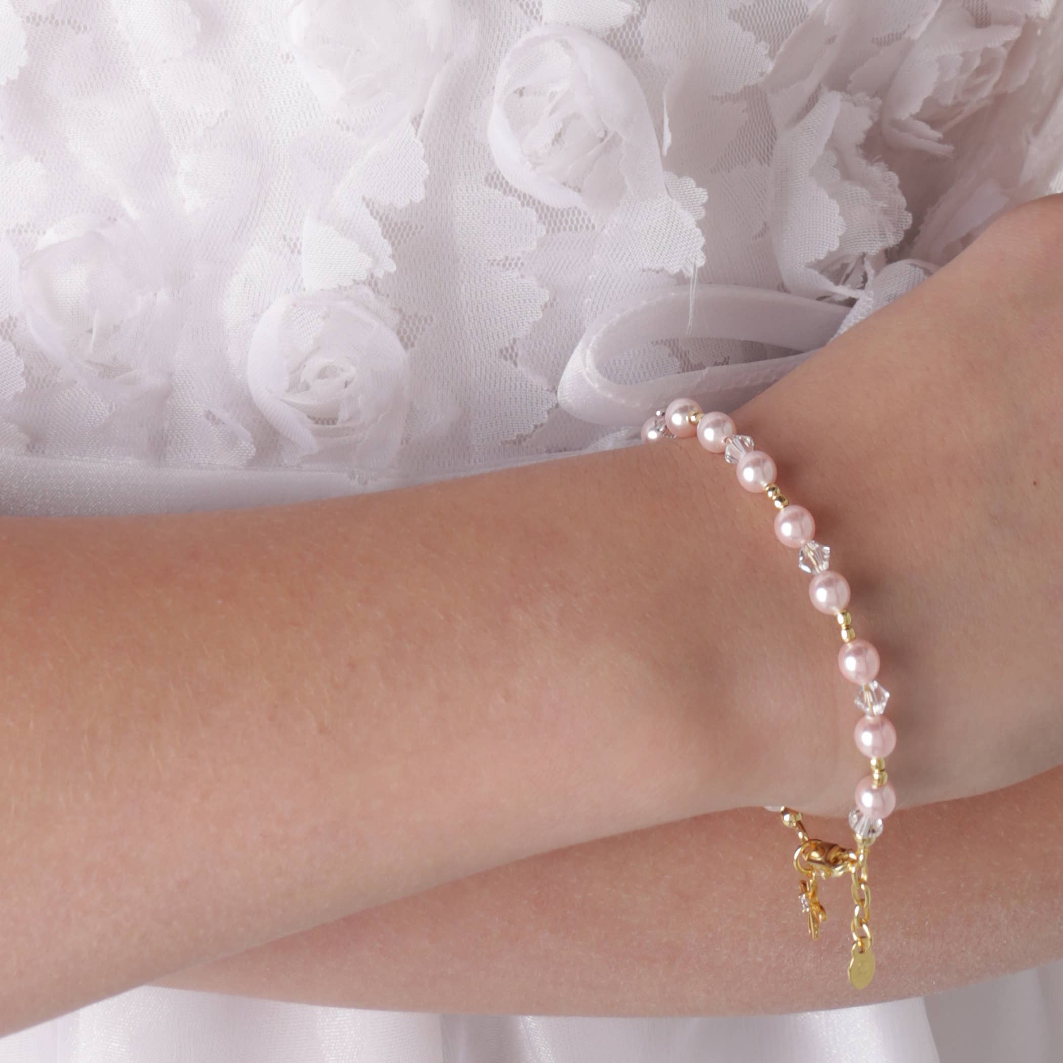 14K Gold-Plated Pink Pearl Cross Bracelet Baptism/Communion