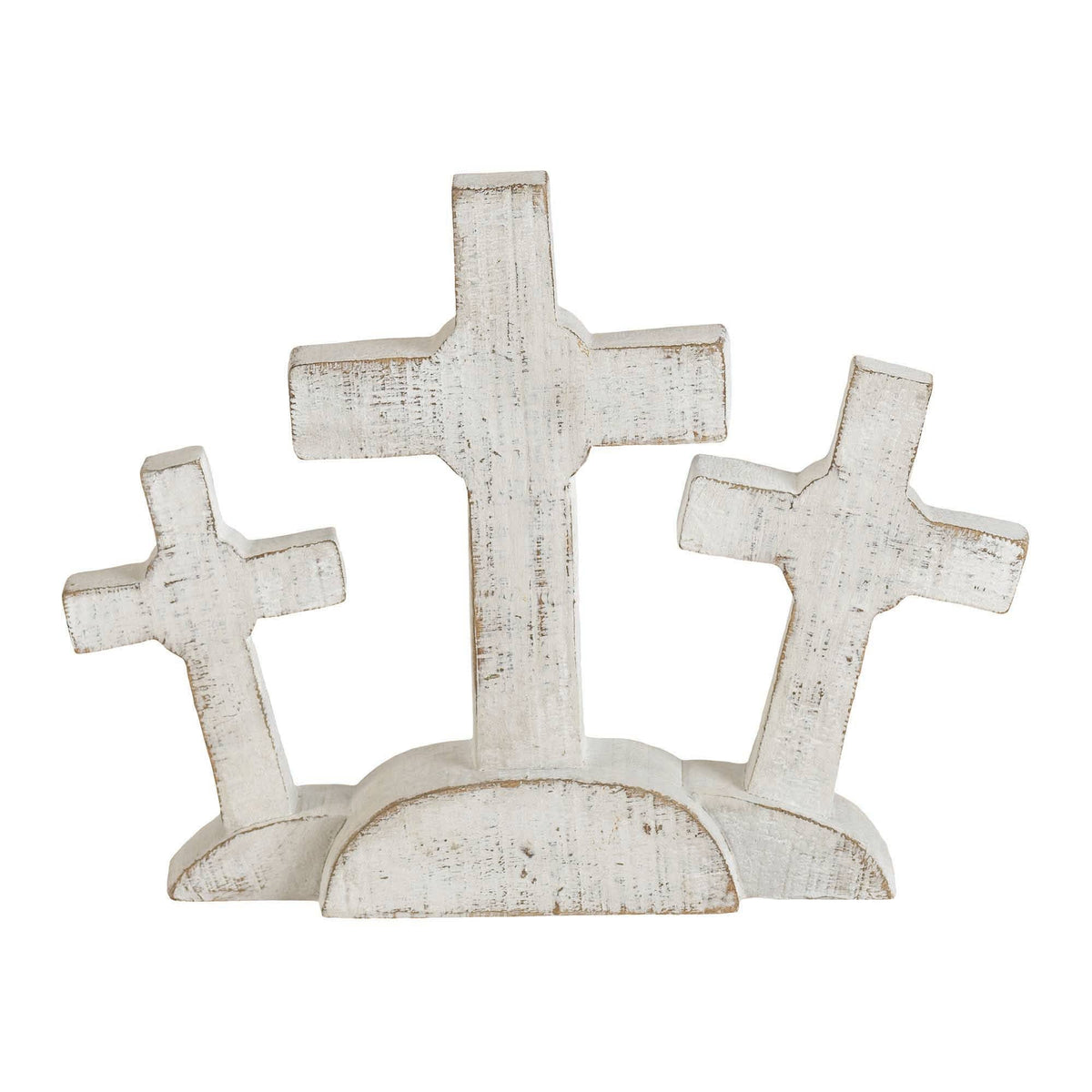 Set of three white wooden crosses on a white background