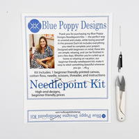 Blue Poppy Designs needlepoint kit with tools on a white background