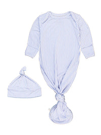 Softsnooze™ Baby Boys Bamboo Viscose Periwinkle & White Micro Stripe Knotted Sleep Gown & Hat Set
