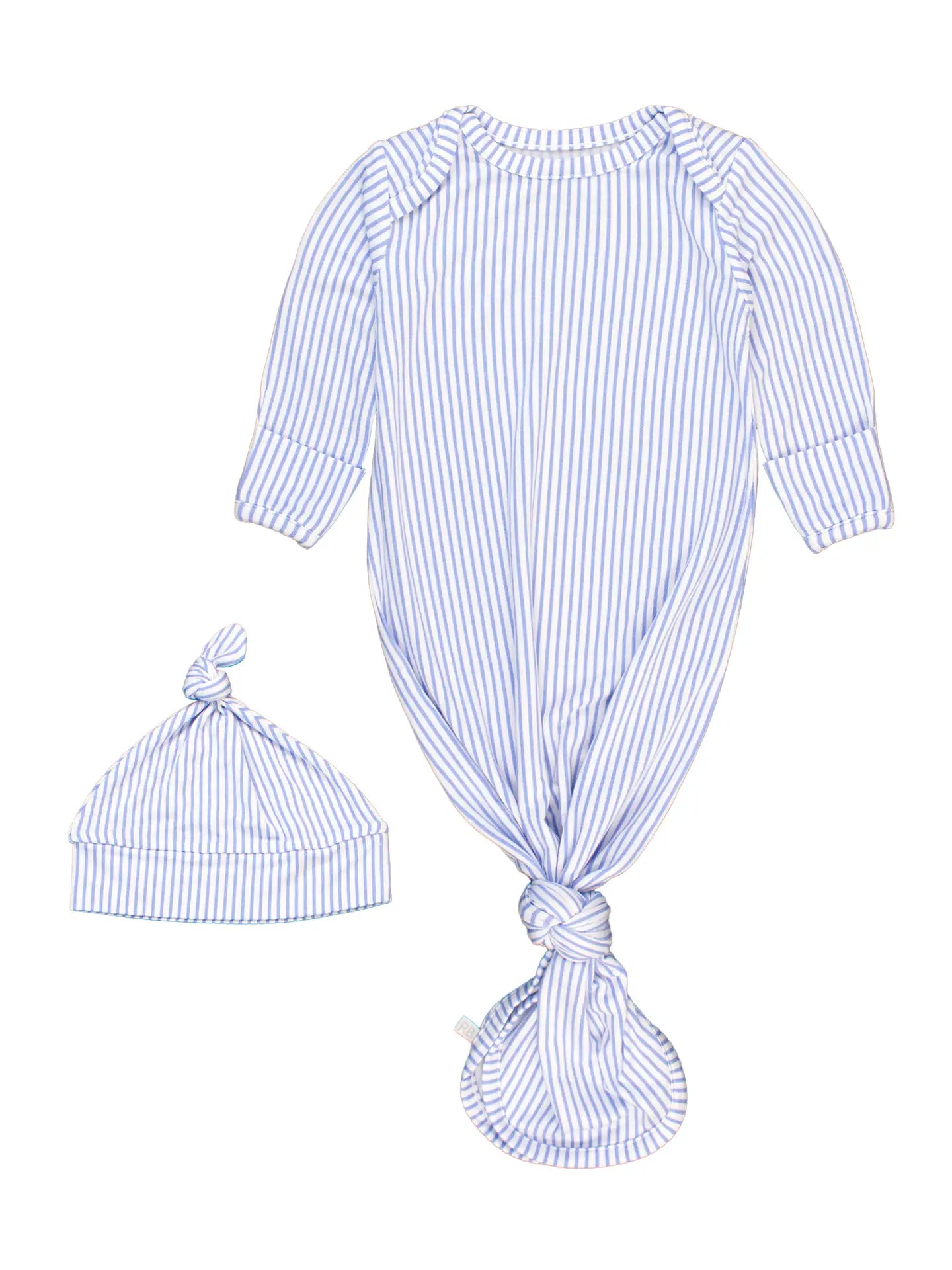 Softsnooze™ Baby Boys Bamboo Viscose Periwinkle & White Micro Stripe Knotted Sleep Gown & Hat Set