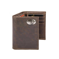 Brown leather wallet with a concho on a white background