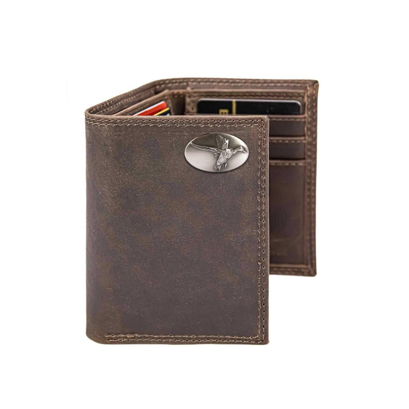 Brown leather wallet with a concho on a white background