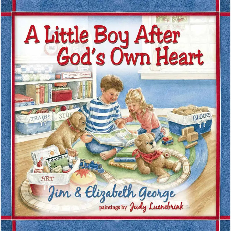 Book cover of 'A Little Boy After God's Own Heart' with children reading a book, dog, and teddy bear in a playroom.
