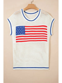 White sleeveless top with American flag design on a beige background