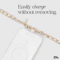 Gold chain attached to a phone case with text 'Easily charge without removing' on a light gray background.